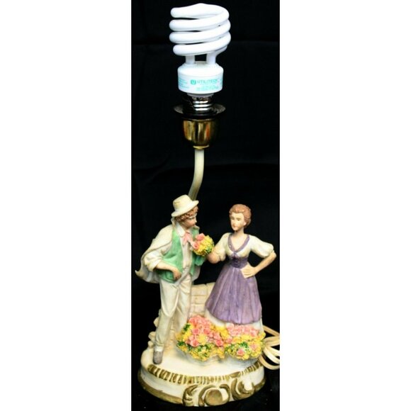 Vintage French Country European Lamp Man Woman Floral Accent Table Ceramic Resin - Picture 3 of 12